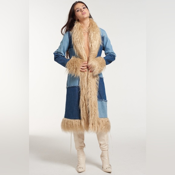 Vintage 90s inspired denim faux fur long lined maxi jacket - Picture 5 of 5